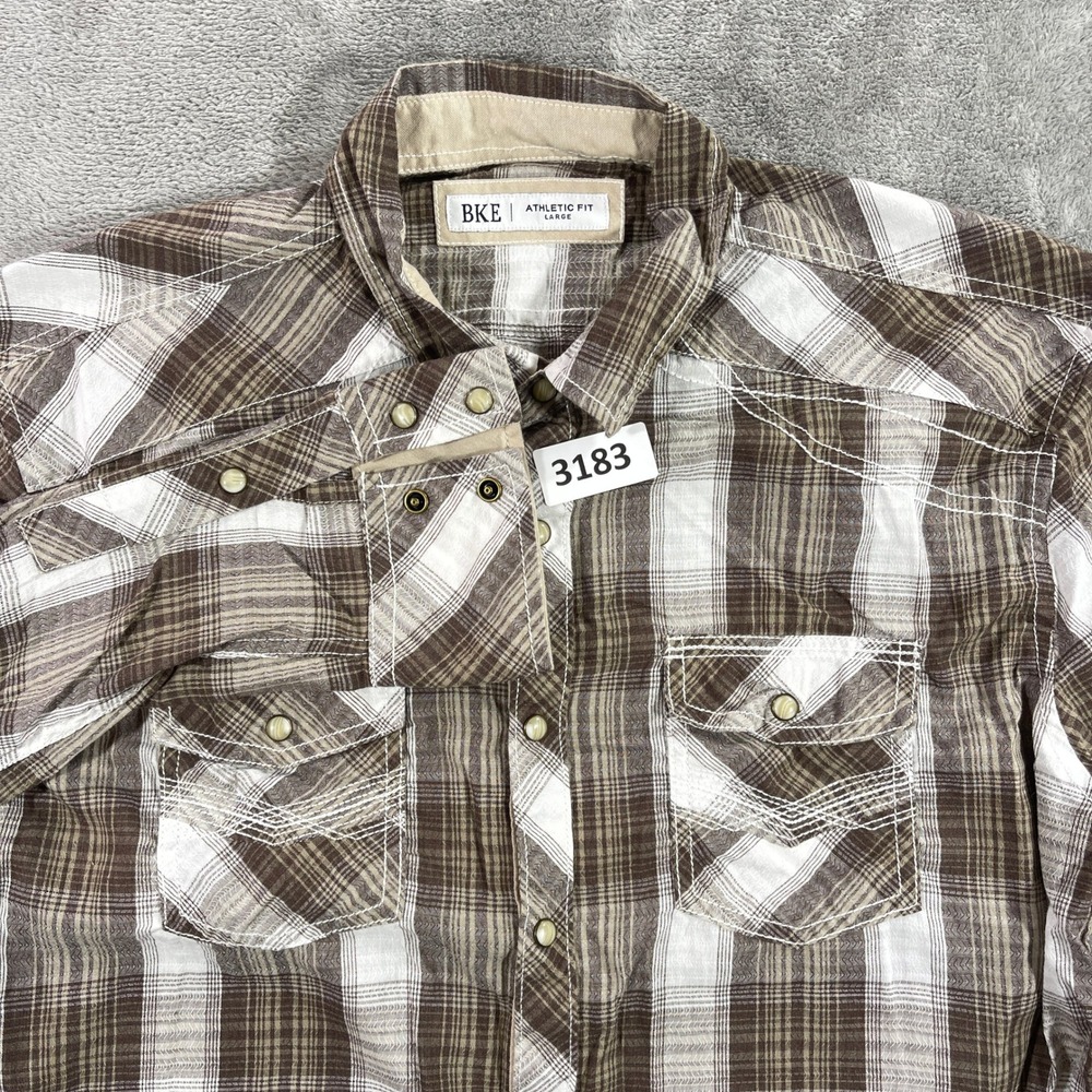 BKE Button Down Shirt Mens‎ Large Brown Plaid Athletic Fit Western Snap 11837FPW